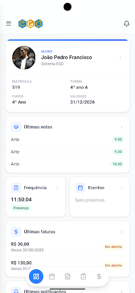 Tela inicial do EGD Agenda com informações do aluno